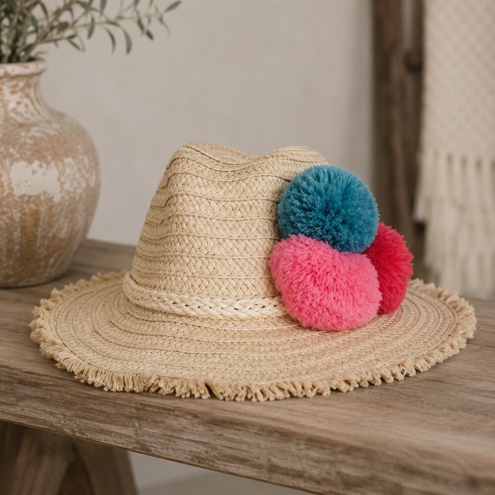 Snapperrock Tan 100% Grass Girls Pom Pom Sun Hat S/M